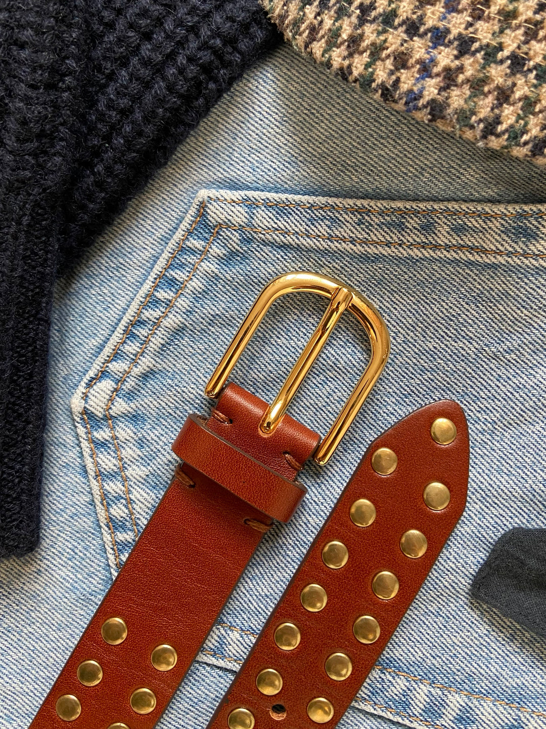 CASHOTT CASANA Studded Belt Leather Belt Rusty Cognac